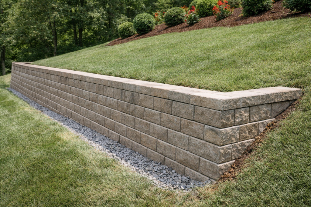 Landscaped backyard with retaining wall