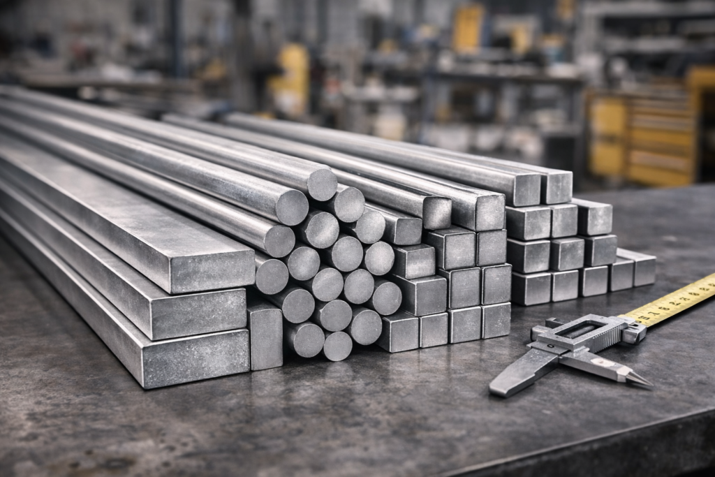 Steel bars and measuring tools in focus