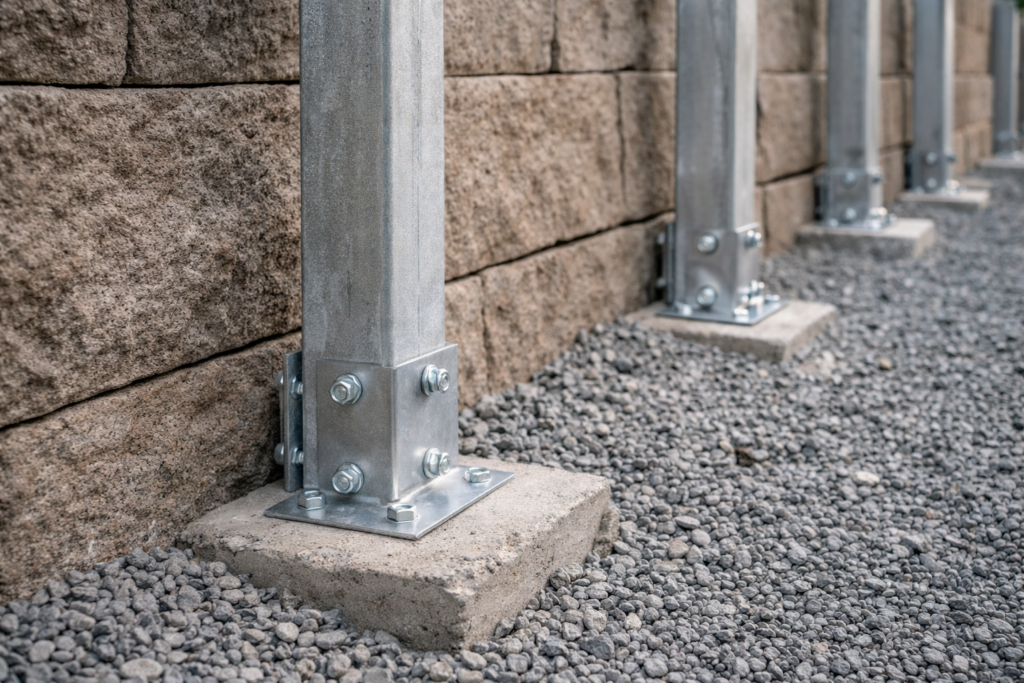 Steel supports beside textured stone wall