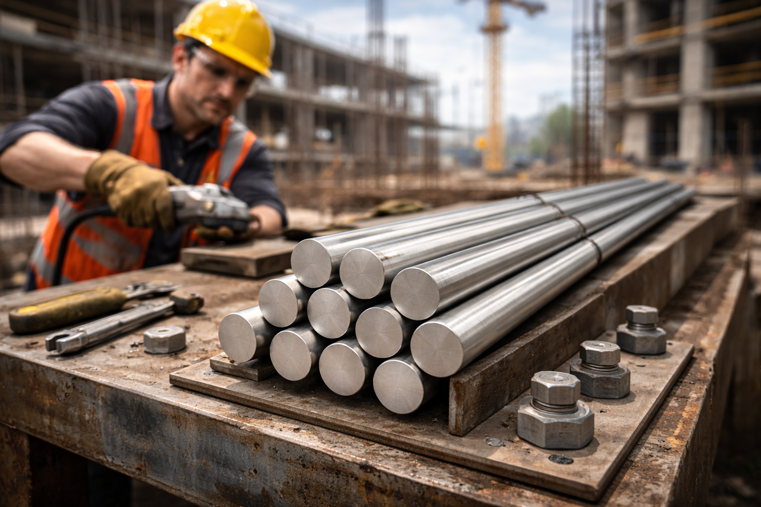 Construction worker securing steel bars
