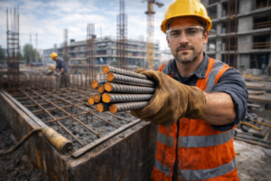 Construction worker with rebar on site
