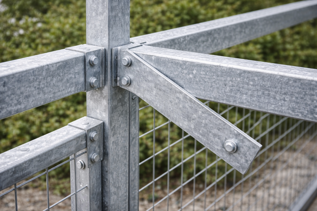 Galvanized steel fence details close-up