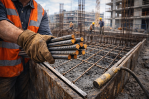 Hands at work in construction site