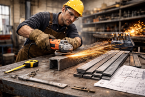 Metalworker at work with angle grinder