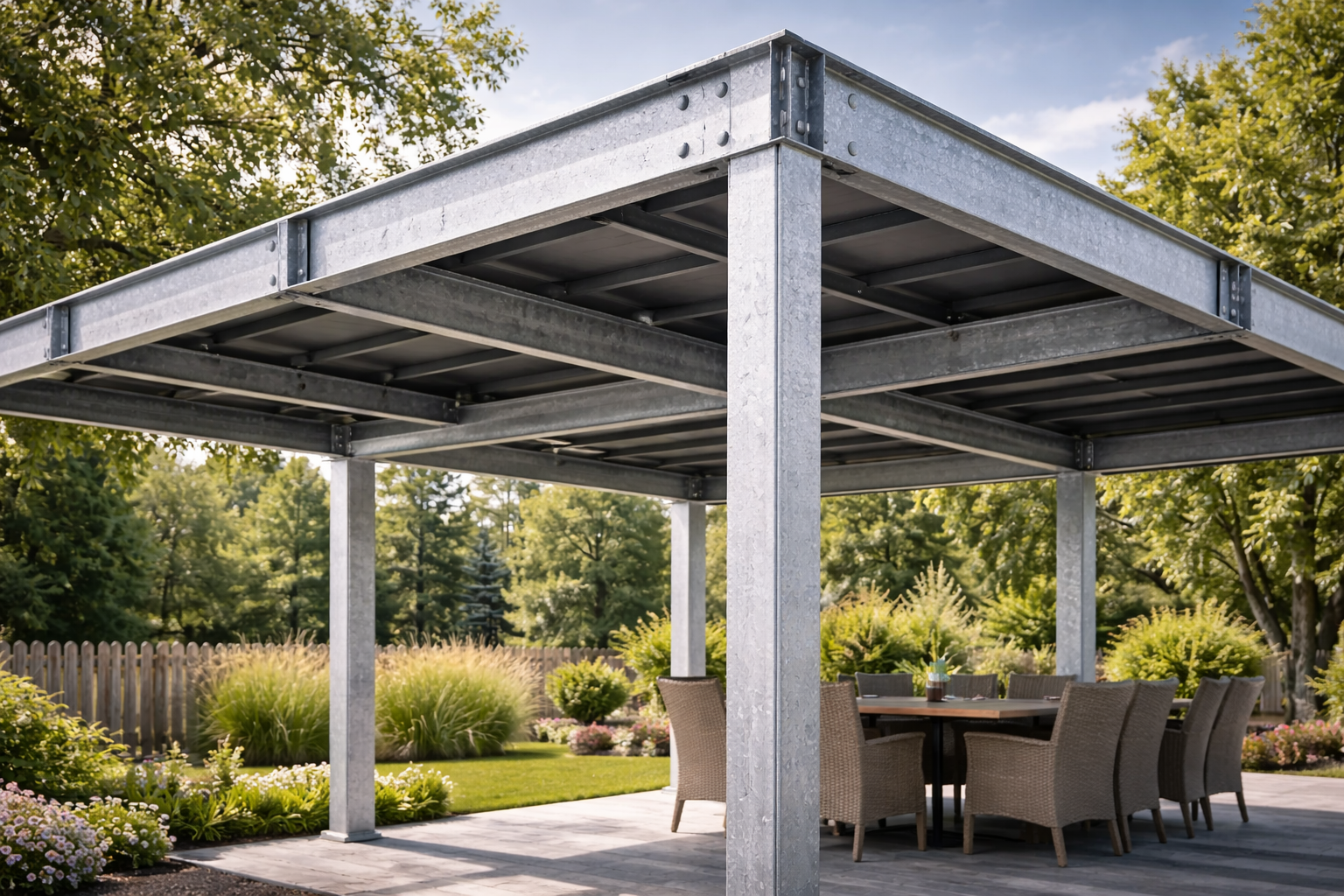 Modern outdoor pergola with steel frame