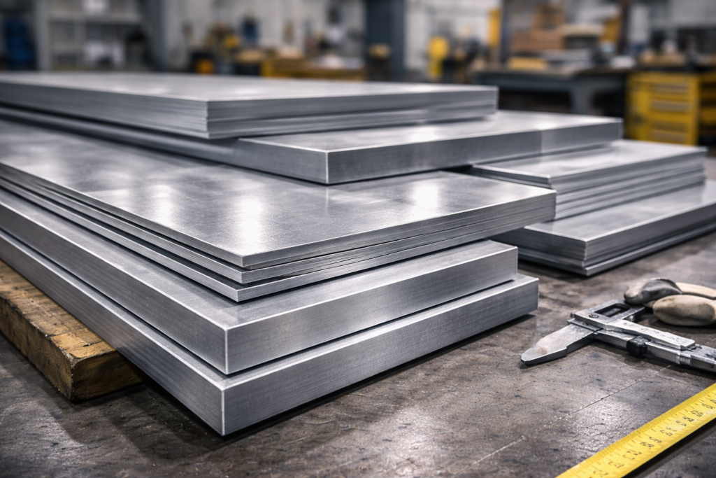 Stacks of steel sheets in workshop