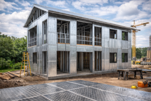 Building under construction with steel framework