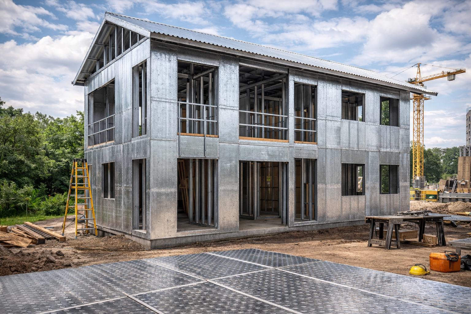 Building under construction with steel framework