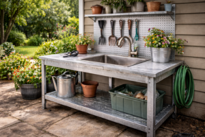 Galvanized metal garden sink station