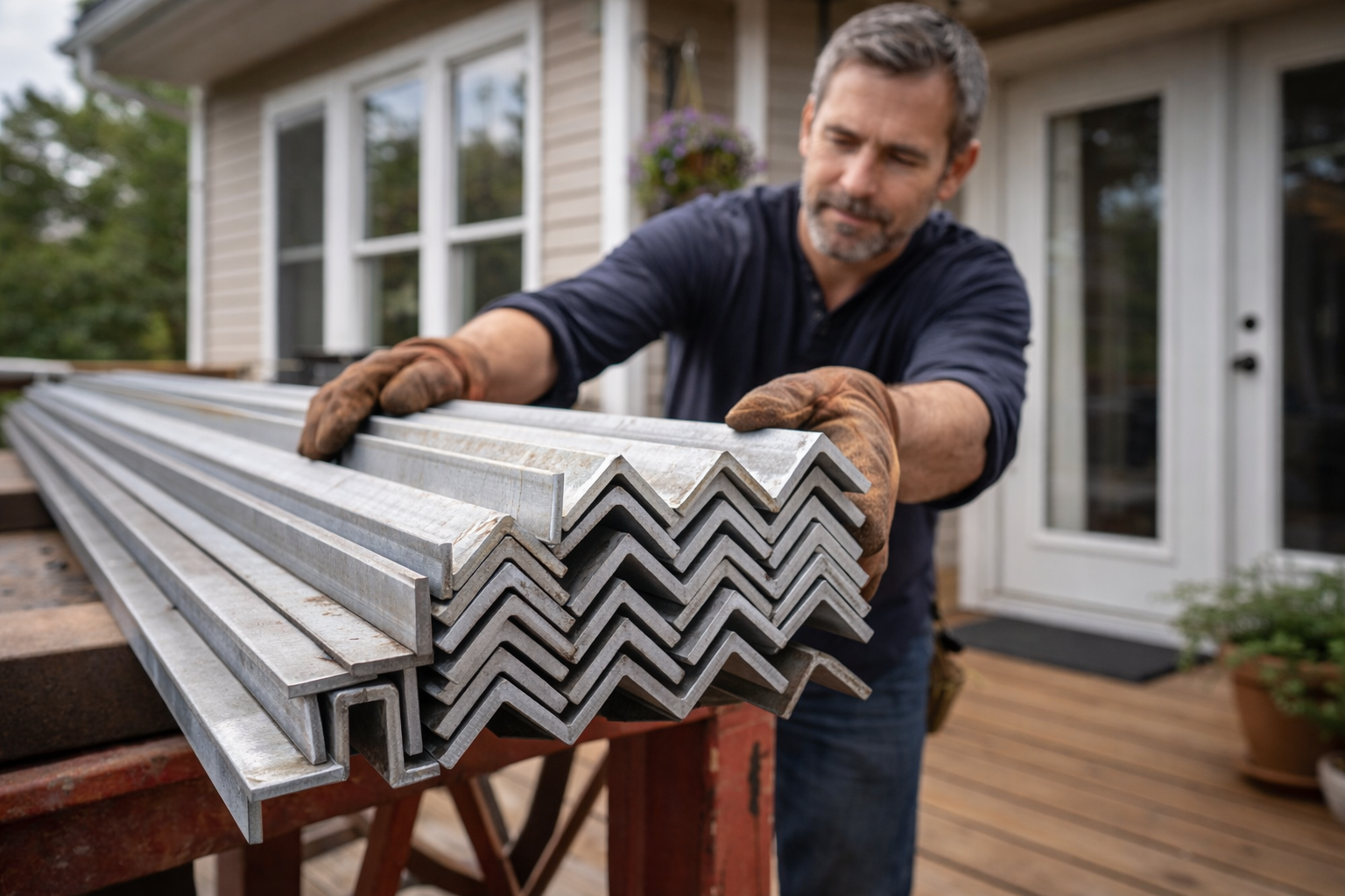 Handling steel on a sunny deck