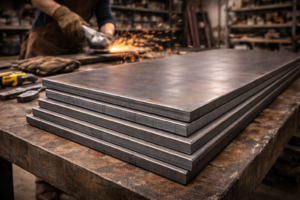 Industrial steel sheets on a workshop table