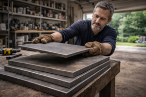 Man inspecting steel plates in garage