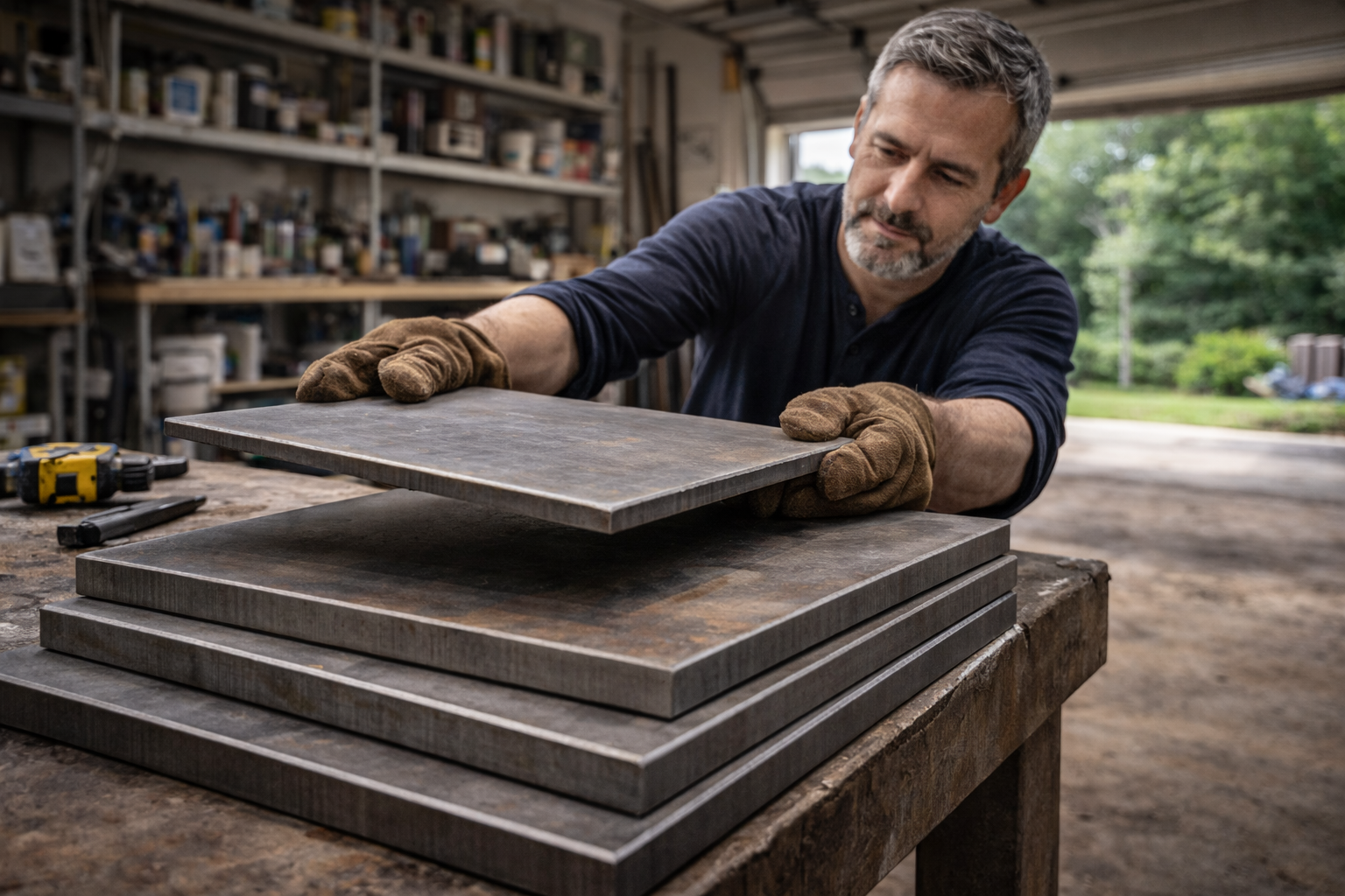 Man inspecting steel plates in garage