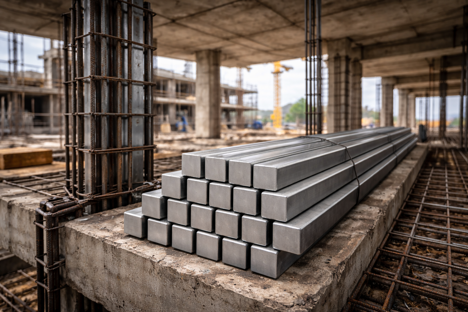 Steel bars stacked in construction site