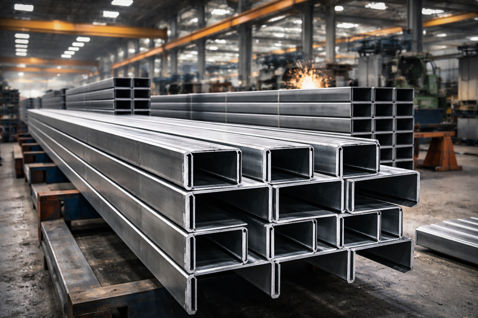Steel beams in industrial warehouse setting