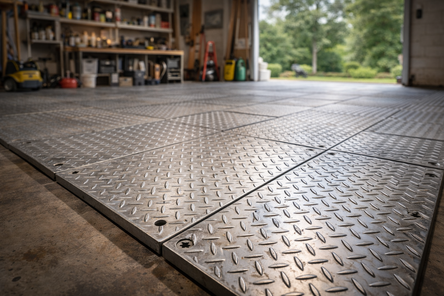 Steel floor plates in garage space