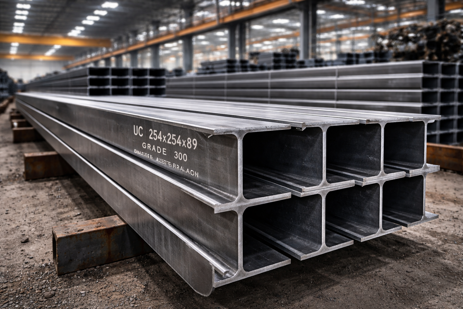 Steel H-beams in industrial warehouse