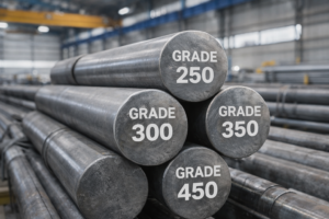 Steel bars stacked by grade in warehouse