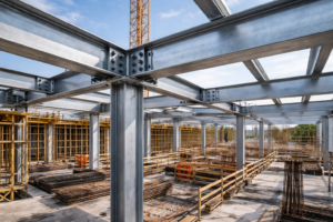 Steel framework in progress at construction site