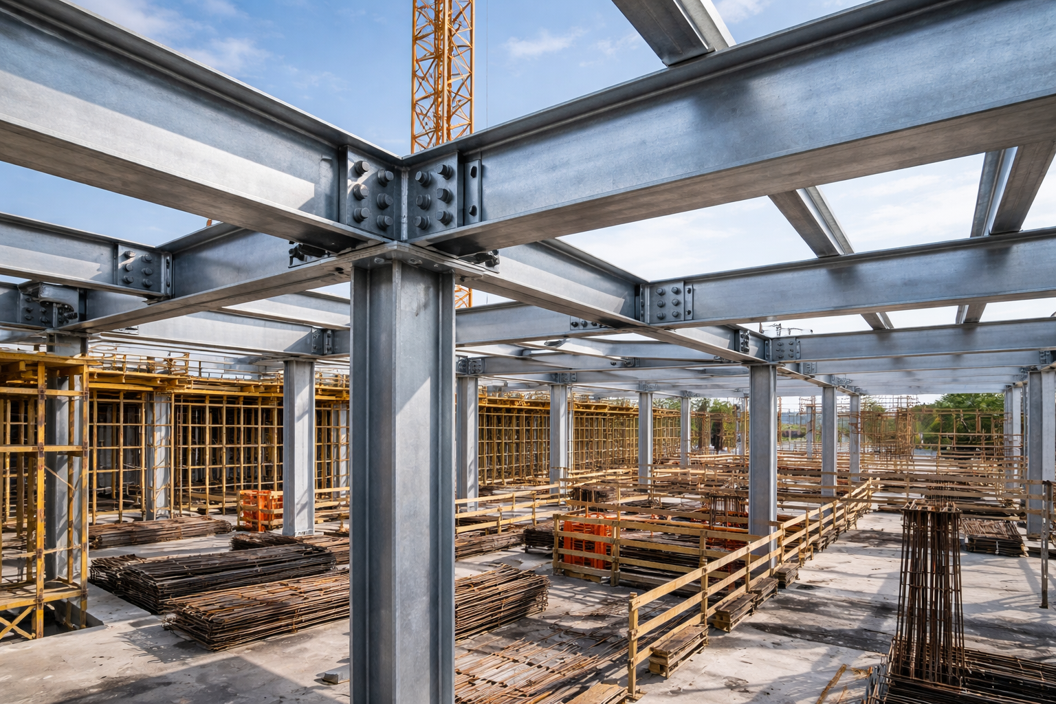 Steel framework in progress at construction site