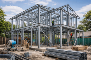 Steel framework rising at construction site