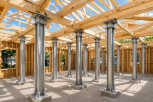 Under construction - steel columns and wooden framework
