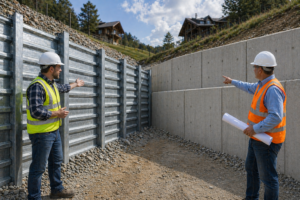 Construction professionals inspect wall types outdoors