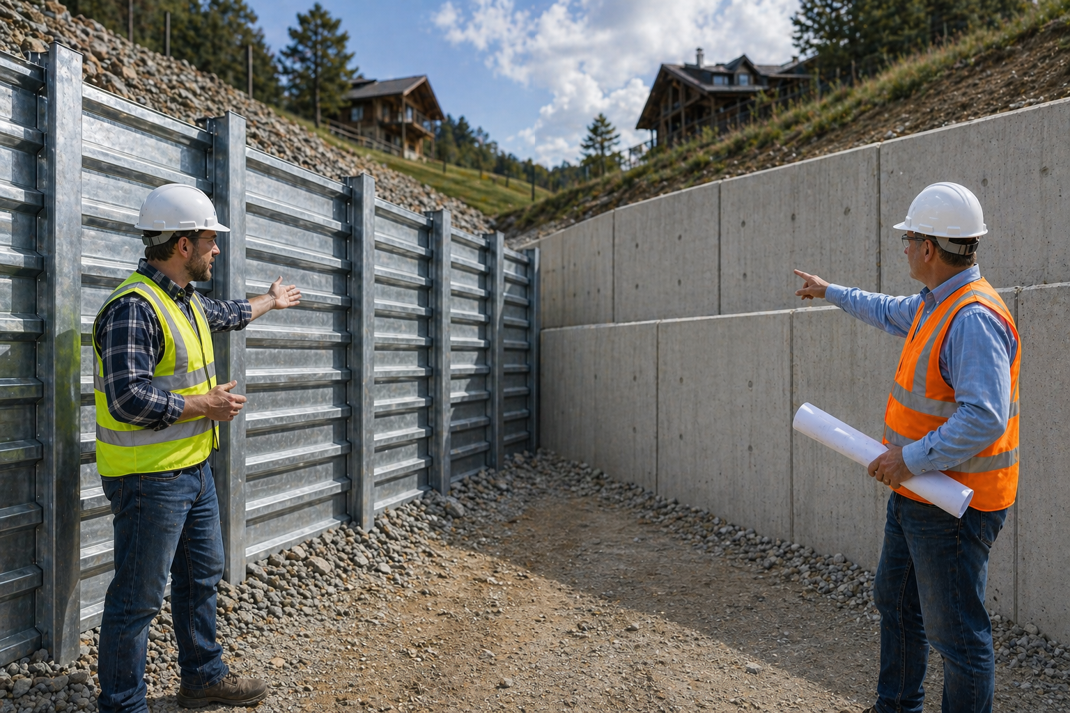 Construction professionals inspect wall types outdoors