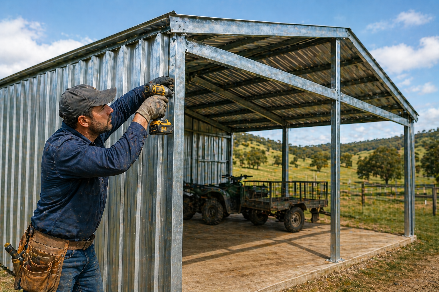 Man building metal shed on farm