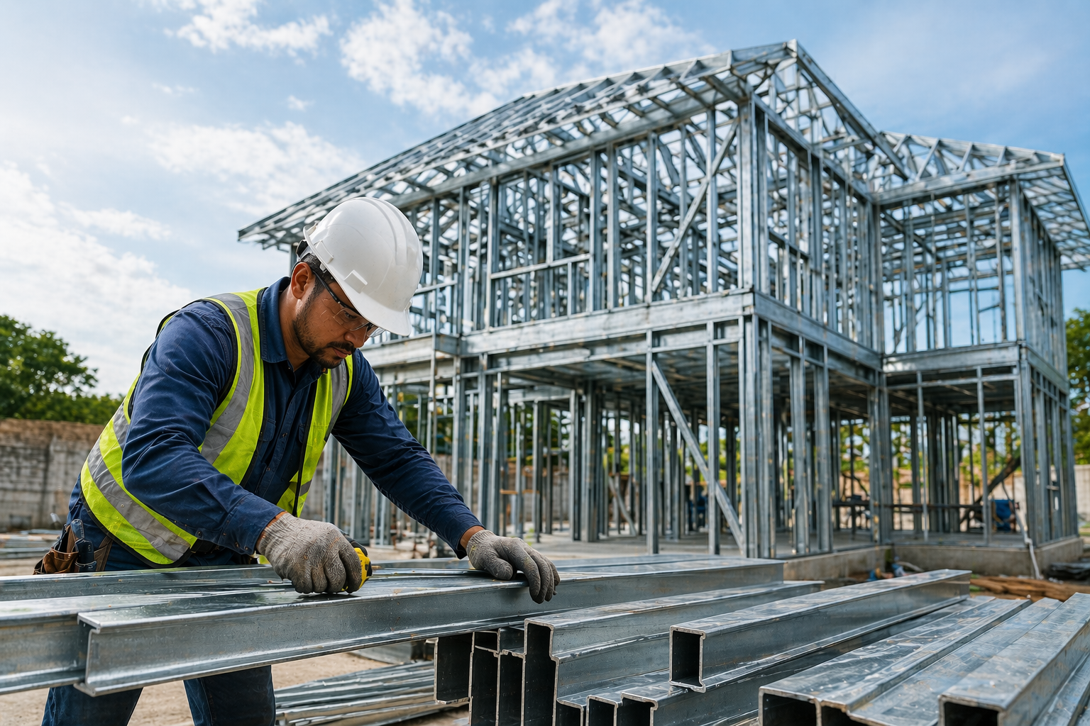 Measuring steel beams on construction site